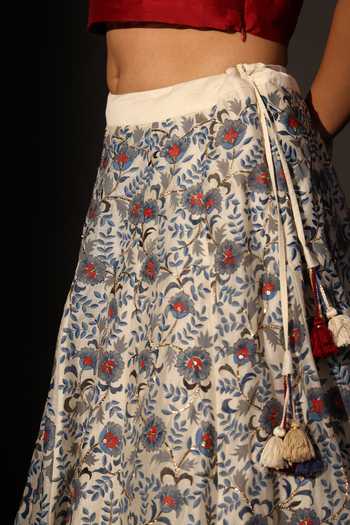 Buy_Prama By Pratima Pandey_Ivory Silk, Chanderi Boat Neck Hand Painted Lehenga Set _Online_at_Aza_Fashions