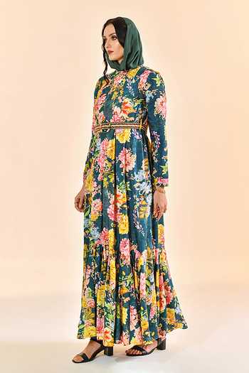 Bhanuni By Jyoti_Green Viscose High Neck Mulberry Print Dress _Online_at_Aza_Fashions