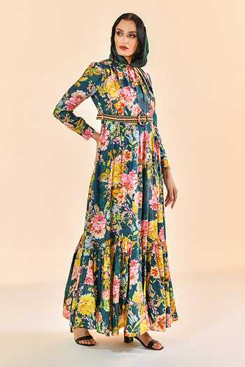 Buy_Bhanuni By Jyoti_Green Viscose High Neck Mulberry Print Dress _Online_at_Aza_Fashions