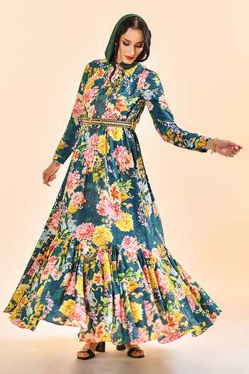 Shop_Bhanuni By Jyoti_Green Viscose High Neck Mulberry Print Dress _Online_at_Aza_Fashions