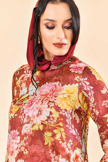 Bhanuni By Jyoti_Red Viscose High Neck Raven Dream Print Dress _Online_at_Aza_Fashions