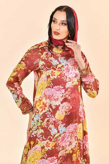 Bhanuni By Jyoti_Red Viscose High Neck Raven Dream Print Dress _at_Aza_Fashions