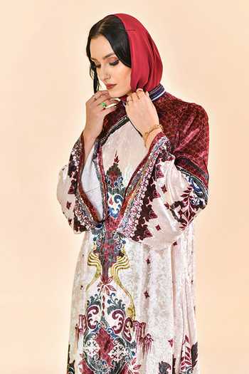 Bhanuni By Jyoti_Burgundy Viscose High Neck Velvet Dusk Print Abaya _Online_at_Aza_Fashions