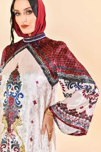 Buy_Bhanuni By Jyoti_Burgundy Viscose High Neck Velvet Dusk Print Abaya _Online_at_Aza_Fashions