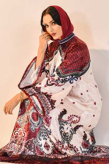 Shop_Bhanuni By Jyoti_Burgundy Viscose High Neck Velvet Dusk Print Abaya _Online_at_Aza_Fashions