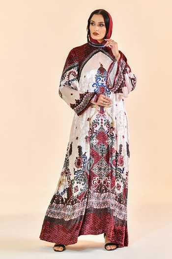 Bhanuni By Jyoti_Burgundy Viscose High Neck Velvet Dusk Print Abaya _at_Aza_Fashions