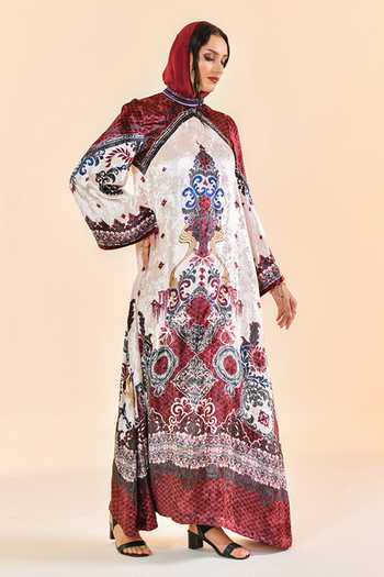 Buy_Bhanuni By Jyoti_Burgundy Viscose High Neck Velvet Dusk Print Abaya 