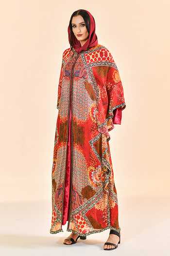 Bhanuni By Jyoti_Red Viscose Round Neck Ember Print Abaya _Online_at_Aza_Fashions