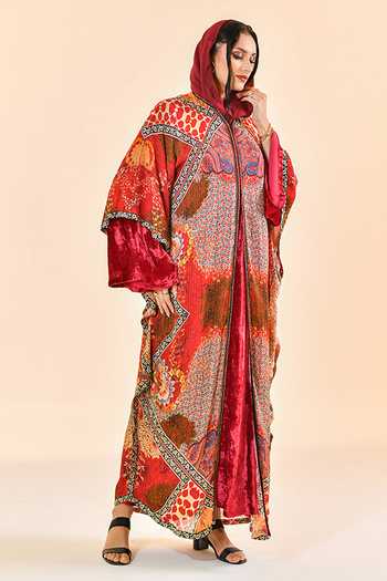 Buy_Bhanuni By Jyoti_Red Viscose Round Neck Ember Print Abaya _Online_at_Aza_Fashions