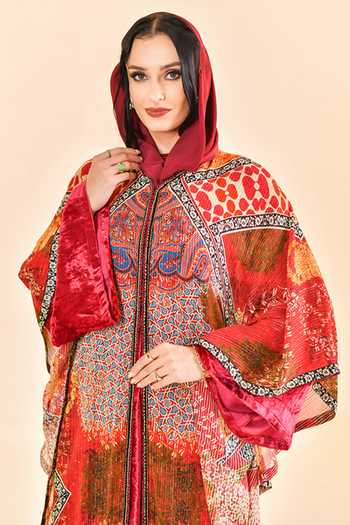 Shop_Bhanuni By Jyoti_Red Viscose Round Neck Ember Print Abaya _Online_at_Aza_Fashions