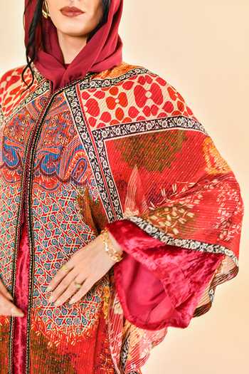 Bhanuni By Jyoti_Red Viscose Round Neck Ember Print Abaya _at_Aza_Fashions