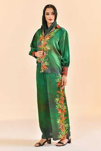 Bhanuni By Jyoti_Green Viscose Collared Neck Mirage Print Shirt _Online_at_Aza_Fashions