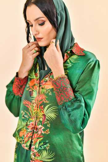 Bhanuni By Jyoti_Green Viscose Collared Neck Mirage Print Shirt _at_Aza_Fashions