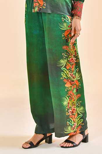 Buy_Bhanuni By Jyoti_Emerald Green Viscose Mirage Print Pant _Online_at_Aza_Fashions