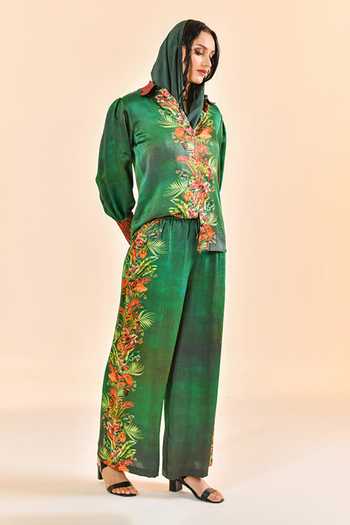 Shop_Bhanuni By Jyoti_Emerald Green Viscose Mirage Print Pant _Online_at_Aza_Fashions
