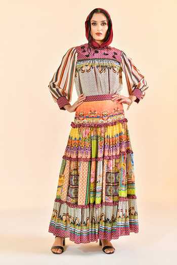 Shop_Bhanuni By Jyoti_Multi Color Viscose Auburn Flame Maxi Skirt _Online_at_Aza_Fashions