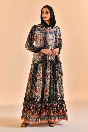 Bhanuni By Jyoti_Black Viscose High Neck Noir Bloom Print Maxi Dress _Online_at_Aza_Fashions
