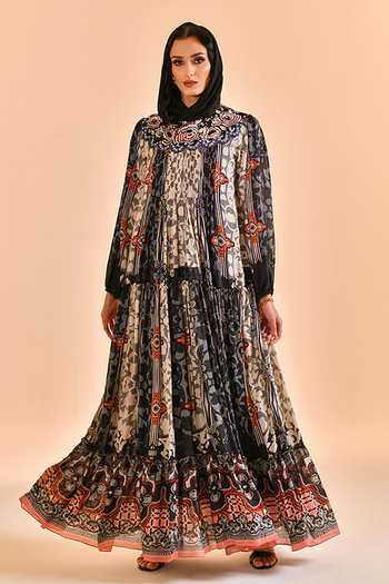 Buy_Bhanuni By Jyoti_Black Viscose High Neck Noir Bloom Print Maxi Dress _Online_at_Aza_Fashions