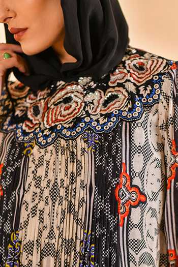 Shop_Bhanuni By Jyoti_Black Viscose High Neck Noir Bloom Print Maxi Dress _Online_at_Aza_Fashions