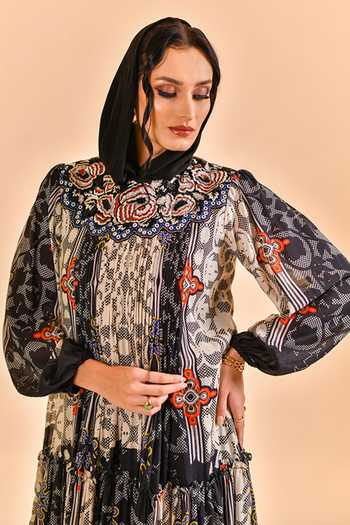 Bhanuni By Jyoti_Black Viscose High Neck Noir Bloom Print Maxi Dress _at_Aza_Fashions