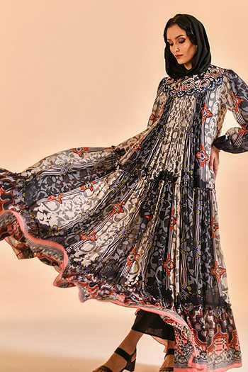 Buy_Bhanuni By Jyoti_Black Viscose High Neck Noir Bloom Print Maxi Dress 