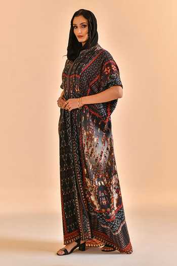 Buy_Bhanuni By Jyoti_Black Viscose Mandarin Collar Nebula Print Abaya _Online_at_Aza_Fashions