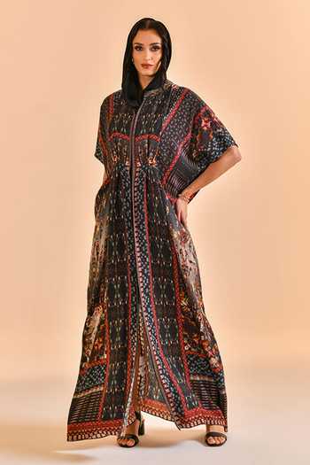Shop_Bhanuni By Jyoti_Black Viscose Mandarin Collar Nebula Print Abaya _Online_at_Aza_Fashions