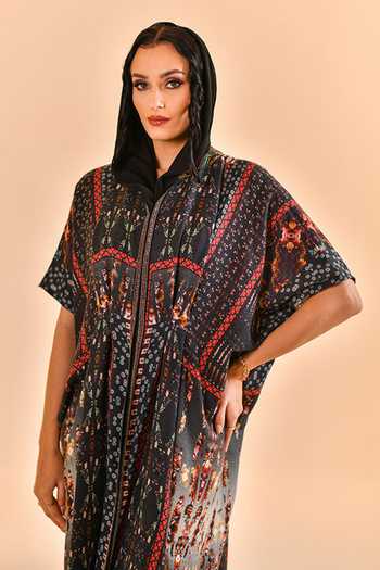 Bhanuni By Jyoti_Black Viscose Mandarin Collar Nebula Print Abaya _at_Aza_Fashions