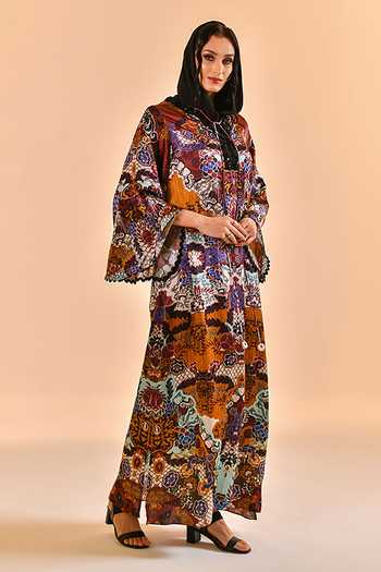 Bhanuni By Jyoti_Burgundy Viscose V-neck Secret Meadow Print Kaftan _Online_at_Aza_Fashions