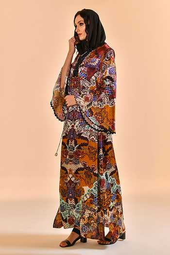 Buy_Bhanuni By Jyoti_Burgundy Viscose V-neck Secret Meadow Print Kaftan _Online_at_Aza_Fashions