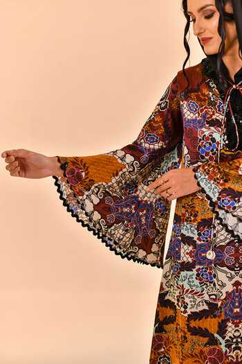 Shop_Bhanuni By Jyoti_Burgundy Viscose V-neck Secret Meadow Print Kaftan _Online_at_Aza_Fashions