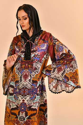 Bhanuni By Jyoti_Burgundy Viscose V-neck Secret Meadow Print Kaftan _at_Aza_Fashions
