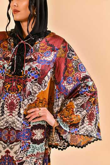 Buy_Bhanuni By Jyoti_Burgundy Viscose V-neck Secret Meadow Print Kaftan 
