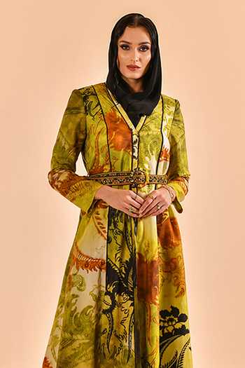 Bhanuni By Jyoti_Green Viscose V-neck Olive Mist Print Abaya _Online_at_Aza_Fashions