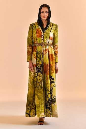 Buy_Bhanuni By Jyoti_Green Viscose V-neck Olive Mist Print Abaya _Online_at_Aza_Fashions