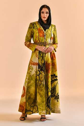 Bhanuni By Jyoti Olive Mist Print Abaya 