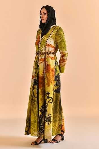 Shop_Bhanuni By Jyoti_Green Viscose V-neck Olive Mist Print Abaya _Online_at_Aza_Fashions