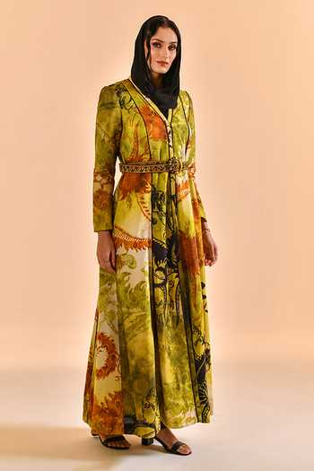 Bhanuni By Jyoti_Green Viscose V-neck Olive Mist Print Abaya _at_Aza_Fashions