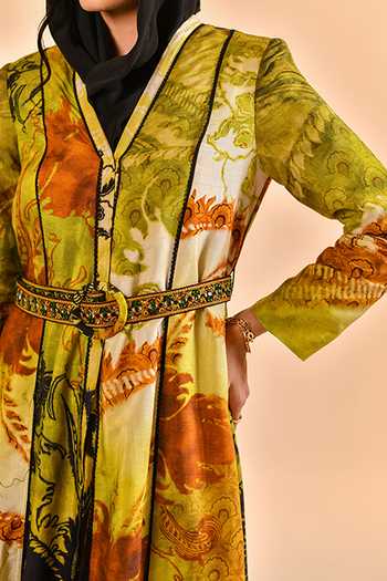 Buy_Bhanuni By Jyoti_Green Viscose V-neck Olive Mist Print Abaya 
