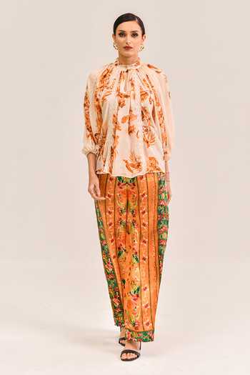Bhanuni By Jyoti_Ivory Viscose High Neck Urban Noir Print Top _Online_at_Aza_Fashions