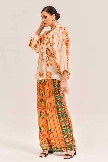 Shop_Bhanuni By Jyoti_Ivory Viscose High Neck Urban Noir Print Top _Online_at_Aza_Fashions