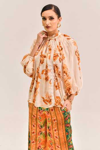 Bhanuni By Jyoti_Ivory Viscose High Neck Urban Noir Print Top _at_Aza_Fashions