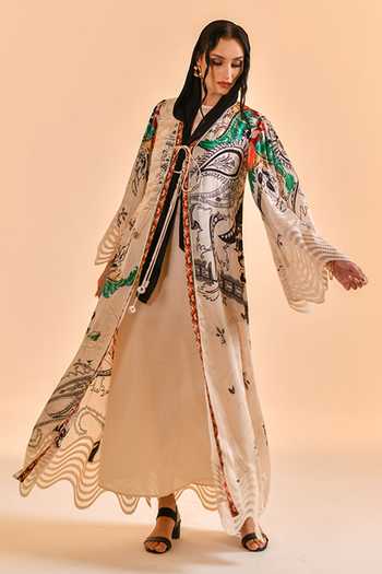 Bhanuni By Jyoti_Ivory Viscose V-neck, Yes Astra Print Abaya _Online_at_Aza_Fashions