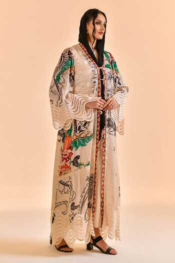 Buy_Bhanuni By Jyoti_Ivory Viscose V-neck, Yes Astra Print Abaya _Online_at_Aza_Fashions