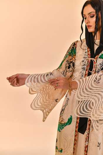 Shop_Bhanuni By Jyoti_Ivory Viscose V-neck, Yes Astra Print Abaya _Online_at_Aza_Fashions