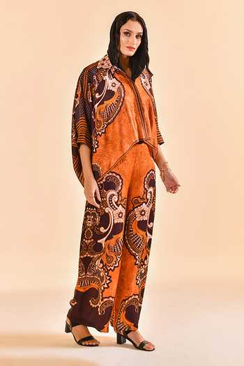 Bhanuni By Jyoti_Brown Viscose High Neck Mudstone Muse Print Shirt _Online_at_Aza_Fashions