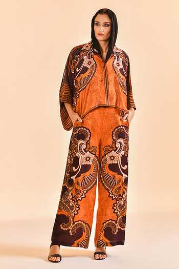 Shop_Bhanuni By Jyoti_Brown Viscose High Neck Mudstone Muse Print Shirt _Online_at_Aza_Fashions