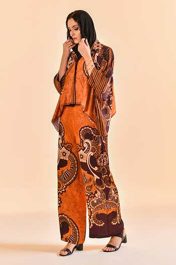 Bhanuni By Jyoti_Brown Viscose Mudstone Muse Print Pant _Online_at_Aza_Fashions