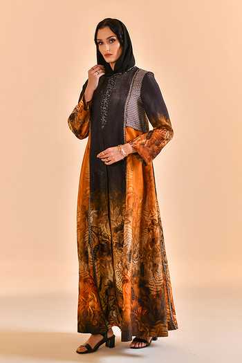Buy_Bhanuni By Jyoti_Black Viscose Round Neck Duskwood Print Abaya _Online_at_Aza_Fashions