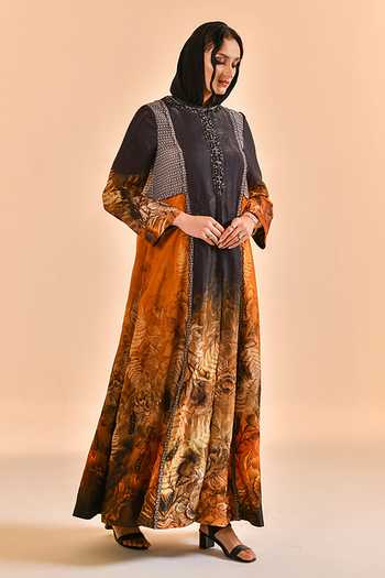 Shop_Bhanuni By Jyoti_Black Viscose Round Neck Duskwood Print Abaya _Online_at_Aza_Fashions
